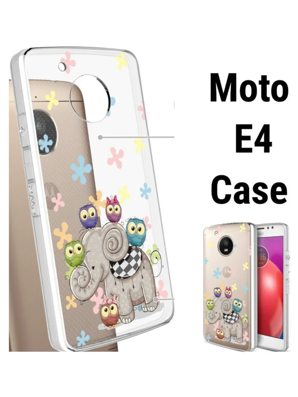 3 NEW Motorola Moto E4 Case Clear Cute Cartoon Elephant Owl Floral Cover Bumper
